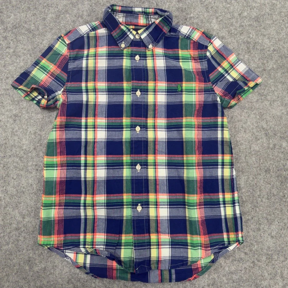 Ralph Lauren Boys Size 7 Plaid Short Sleeve Button Down Shirt Navy Green Orange